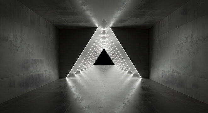 Empty Long Light Corridor. Modern concrete background. Futuristic Sci-Fi Triangle Tunnel. 3D Rendering