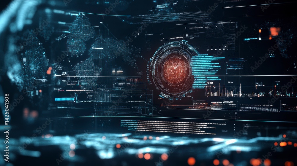 Aufkleber Futuristic digital interface displaying global data and analytics with a central focus point.