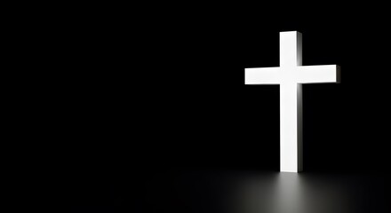 Fototapeta premium Minimalist white cross stands against a stark black background, casting a faint reflection.
