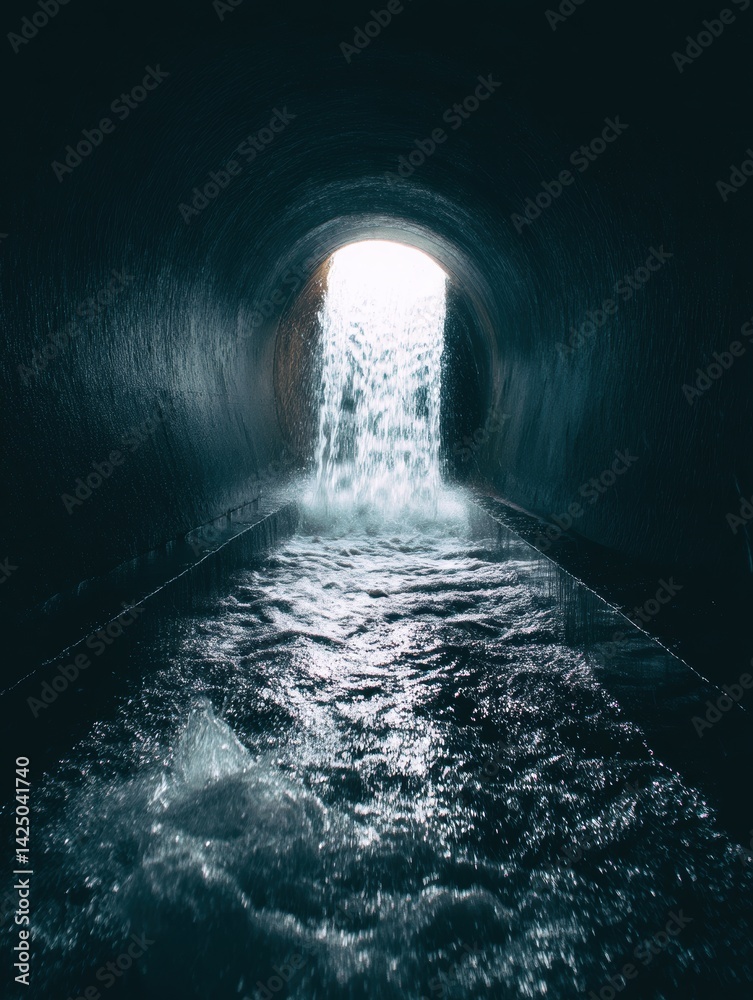 Poster Tunnel Stream Light Adventure with Cascading Waters Embracing Serenity Through Dark Passageway