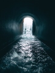 Naklejka premium Tunnel Stream Light Adventure with Cascading Waters Embracing Serenity Through Dark Passageway