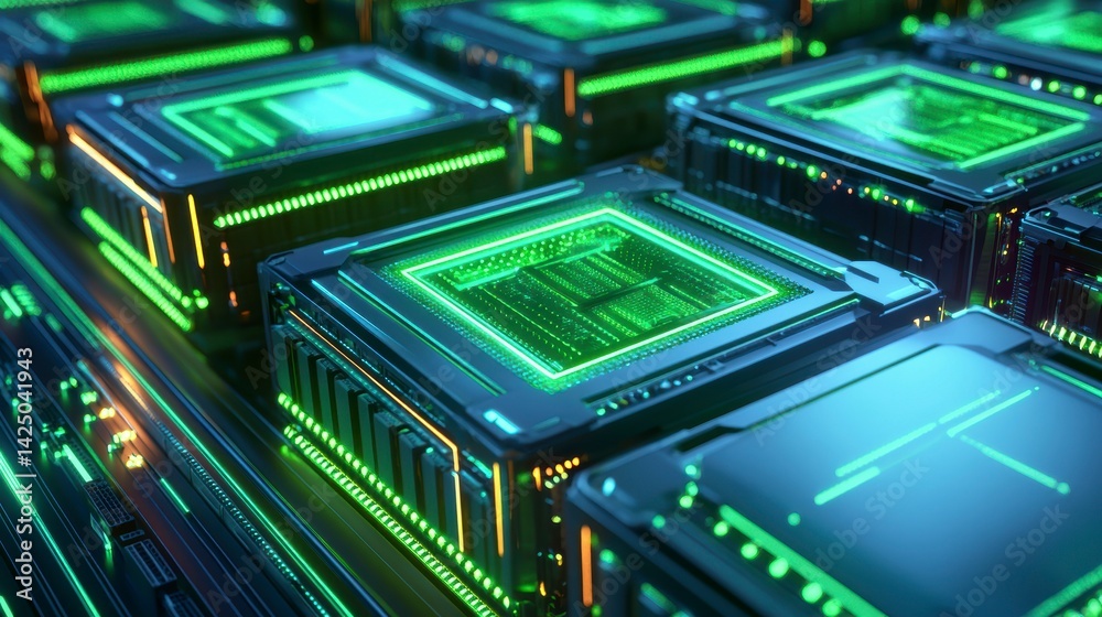 Poster futuristic green glowing digital data server cubes.