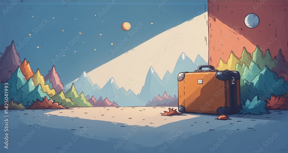 Aufkleber a lone suitcase sits under a beam of light, autumnal foliage and distant mountains form a surreal la