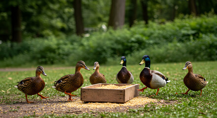 Fototapeta premium Gathering Of Mallard Ducks Around Wooden Feeder In Lush Green Park