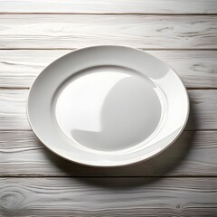 Empty White Plate on Wooden White Table With 3/4 Camera Angle Perspective
