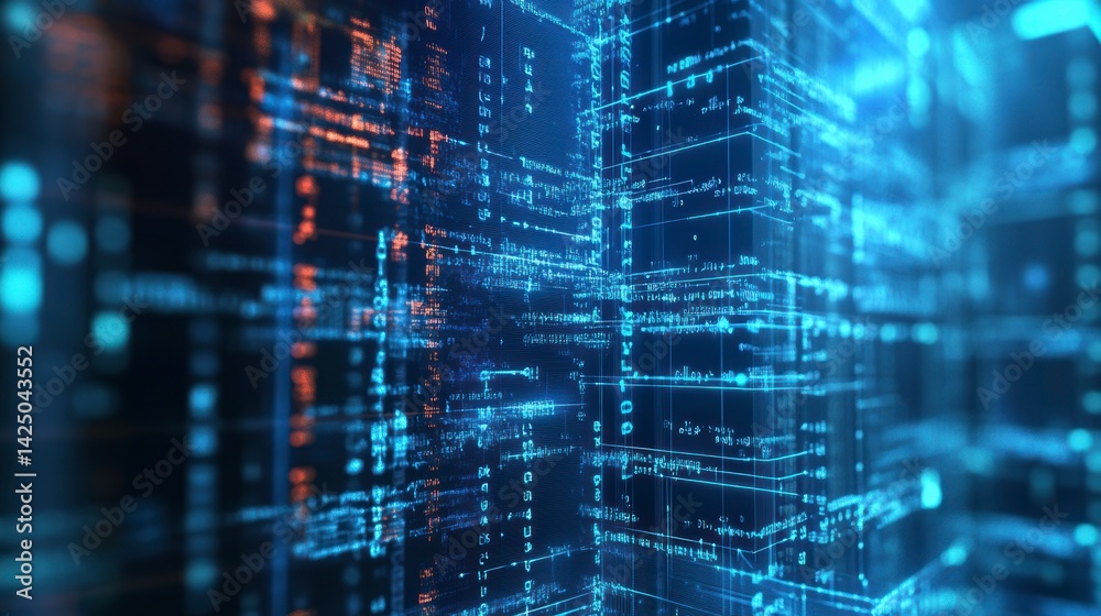 Poster abstract digital data stream, glowing blue and orange code forming a futuristic city.