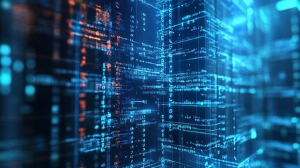 Obraz premium Abstract digital data stream, glowing blue and orange code forming a futuristic city.