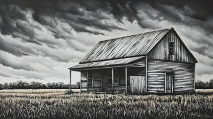 Stormy Sky Over Abandoned Farmhouse in Wheat Field.  Rural landscape; atmospheric painting ideal for home decor or historical publications