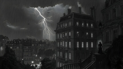 Parisian Stormy Night Woman on Staircase, Lightning Strikes, Cityscape Background