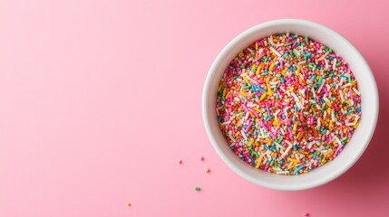 Rainbow Sprinkles in a White Bowl on Pink Background