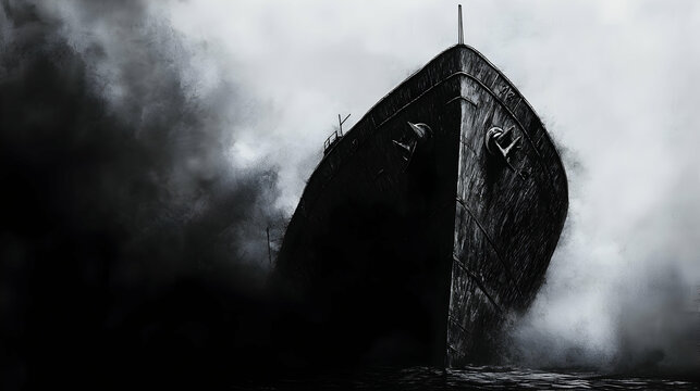 Old ship engulfed in smoke, dramatic ocean scene, mystery and suspense, perfect for thriller movie posters
