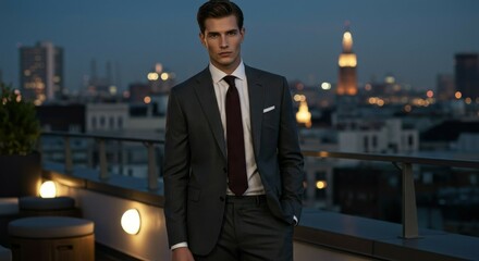 Man in Gray Suit on Rooftop at Night