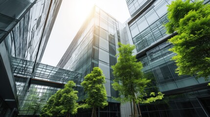 Modern architectural marvel of reflective glass building and lush greenery in financial district