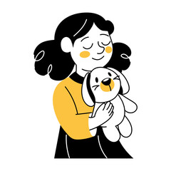 A cute girl hugging a stuffed toy, hand drawn illustration 
