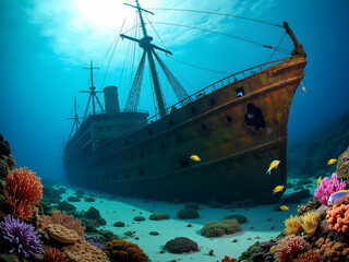 A majestic sunken shipwreck resting on the ocean floor, half-buried in sand, teeming with marine life and surrounded by colorful coral reefs, under a sunlit surface