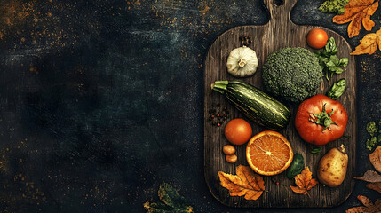 Autumn harvest vegetables on rustic wooden board, dark background, fall leaves.  Perfect for recipes, food blogs, healthy eating