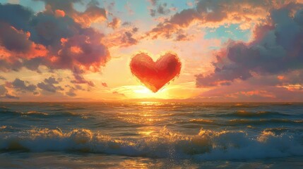 Heart-shaped cloud sunset over ocean waves.
