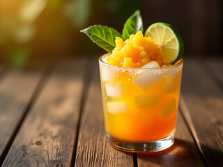 A Refreshing Colombian Lulada Drink, A Vibrant Blend of Lulo Fruit, Lime, and Ice, Garnished with Fresh Lime and Green Leaves on a Rustic Wooden Table