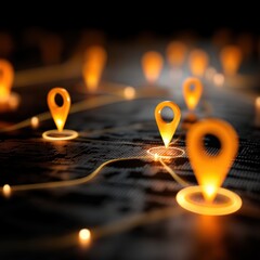 Illuminated navigation concept with glowing markers and connection lines location concept digital map