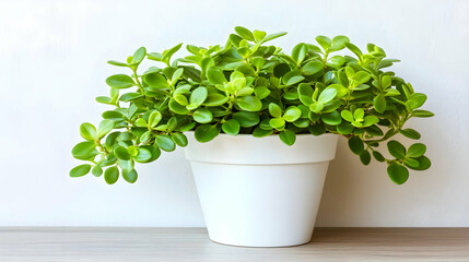 Fototapeta premium Indoor plant in white pot on light wood surface