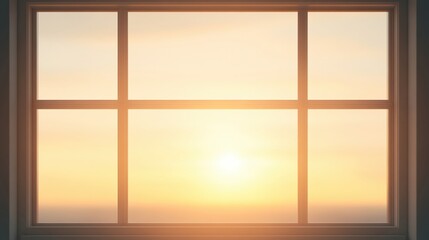 A serene view through a window showcasing a warm, glowing sunrise with soft, ambient lighting.