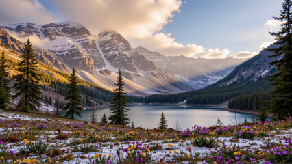 Fototapeta premium breathtaking landscape featuring majestic mountains, serene lake, and vibrant wildflowers in foreground. scene captures beauty of nature, with sunlight illuminating peaks and reflecting on water