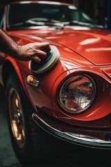 Intense Focus on Red Classic Car Polishing Process Revealing Glossy Finish Under Meticulous Care in Workshop