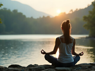 A serene scene of a woman meditating by a tranquil lake, surrounded by nature and a blurred, peaceful background, embodying wellness and mindfulness in the golden light