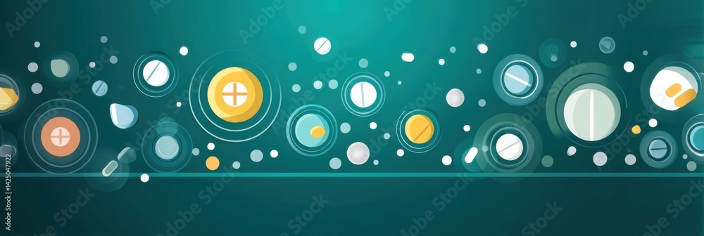 Poster Bright Minimal Pills and Icons Swirling in a Circular Motion Represent Dynamic Health Concepts in a Modern Design Environment