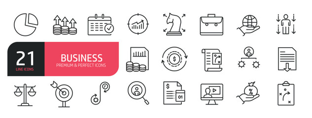 Set of line icons related to pie chart, briefcase, business strategy, business target, growth. Outline icons collection. Editable stroke. Vector illustration. stock illustration