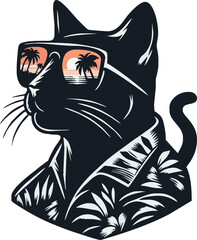 Black cat vector illustration sitting on white background in cute cartoon style