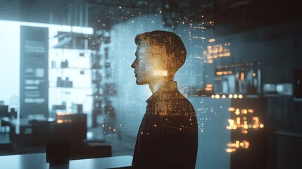 Digital Identity A mans profile merged with glowing circuitry technology  thought in a modern office
