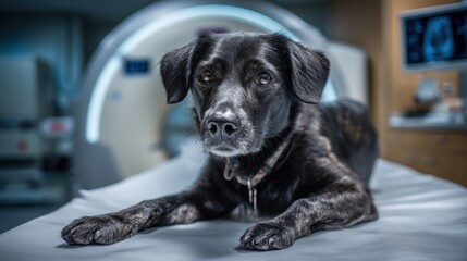 Adorable canine patient undergoes medical imaging with cutting edge scanner in modern medical hospital