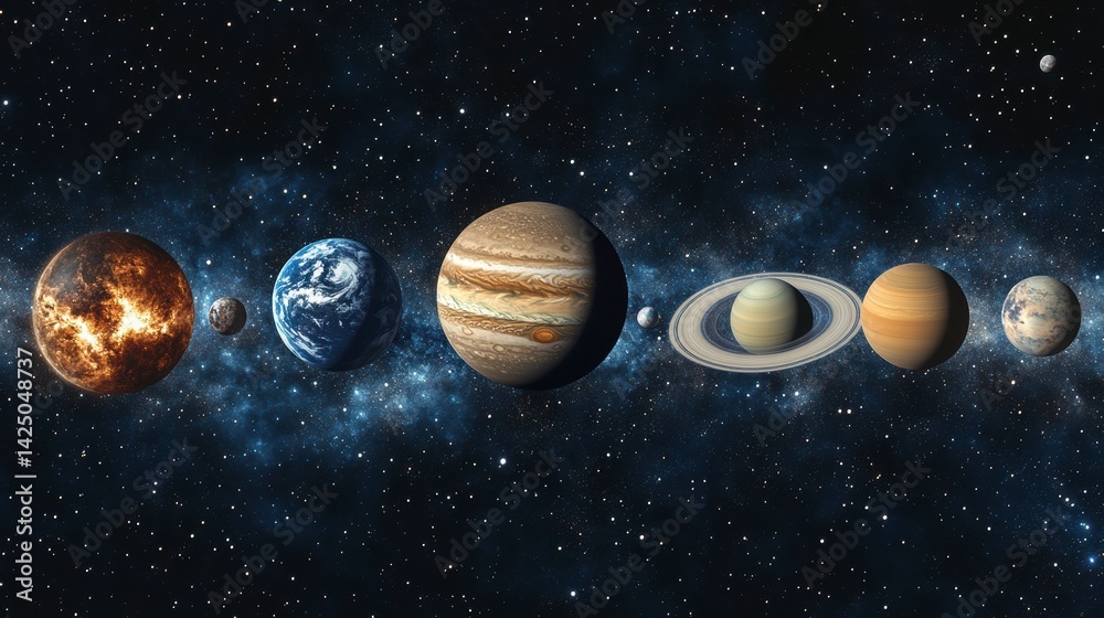 Aufkleber Planets of the solar system aligned in space, showing their relative sizes and colors against a backdrop of stars and nebulae.