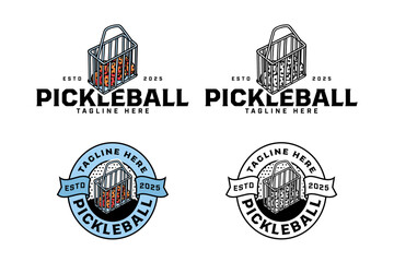 pickleball with balls and iron basket illustration modern logo design. pickleball with ball rack, bucket circle badge logo design set for pickler, pickleball sport club and pickleball tournament