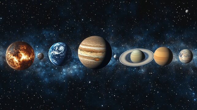 Planets of the solar system aligned in space, showing their relative sizes and colors against a backdrop of stars and nebulae.