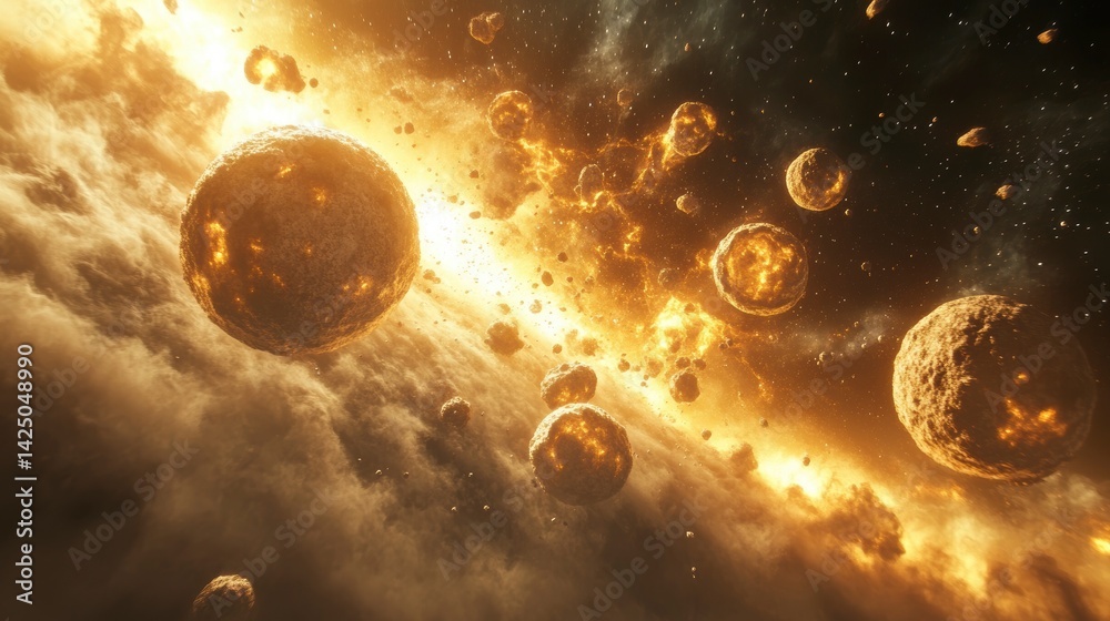Poster Fiery cosmic explosion with asteroids and celestial bodies colliding in a vibrant nebula.