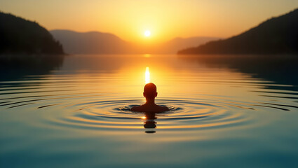A swimmer gracefully glides through the tranquil water of a still pool, leaving gentle ripples in their wake as they embrace the serene beauty of the dawn
