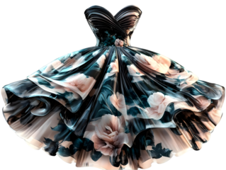 Elegant Floral Patterned Gown Illustration With Teal Black and Pink Tones