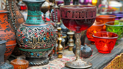 Ornate goblet with red liquid at a market stall with colorful glassware and ceramics