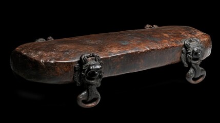 Ancient wooden rectangular bench with carved lion-like feet