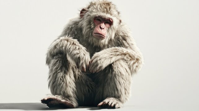 Fluffy white monkey sits, solemn expression