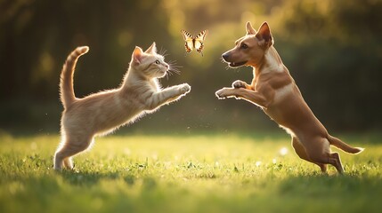 Fototapeta premium Playful Kitten and Dog Chase Butterfly: A Sunny, Joyful Scene