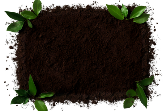 Abstract Photo Of Brown Soil Texture With Green Leaves Frame And Transparent Background