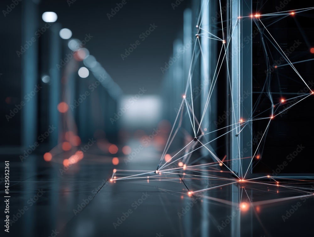 Poster server room digital network node connectivity with orange connection point data center infrastructur