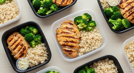 Prepared Chicken Meals with Broccoli and Rice Overhead View