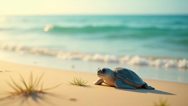 A young sea turtle crawls across the sandy beach, heading toward the gentle waves under a bright blue sky.