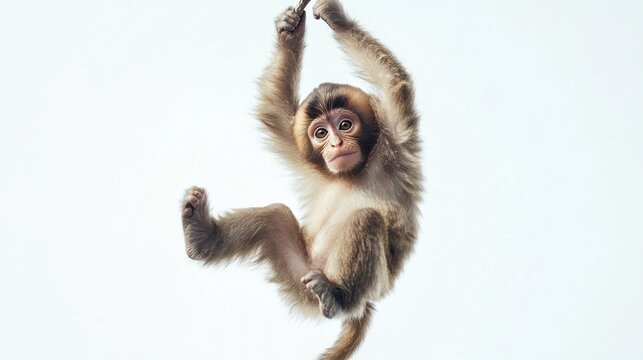 A young monkey gracefully hangs upside down