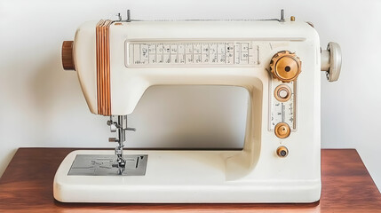 Vintage sewing machine on wooden table against white wall, ready for crafting or tailoring projects