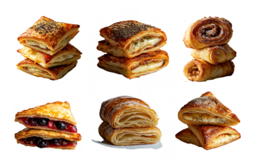variety of delicious pastries are displayed, including flaky croissants, fruit filled turnovers, and savory puff pastries. Each pastry showcases golden brown crust, some with poppy seeds or sugar